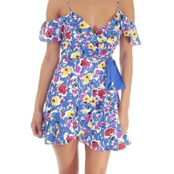 Blue Floral Off the Shoulder Wrap Dress Topshop
